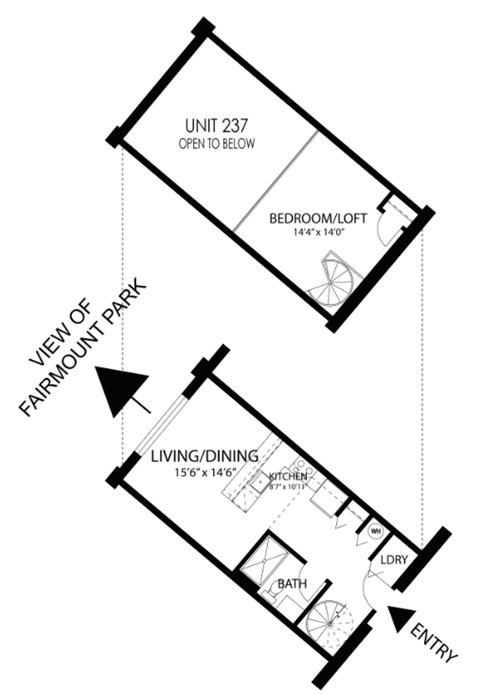 Floor plan for 1 bed, 1 bath, 640 sqft